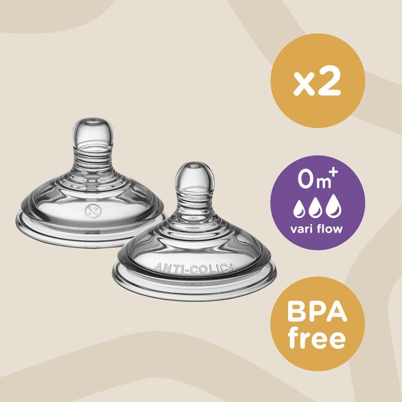 Silicone Teat Vari-Flow Closer to Nature 0m+ 2Pk - Tommee Tippee