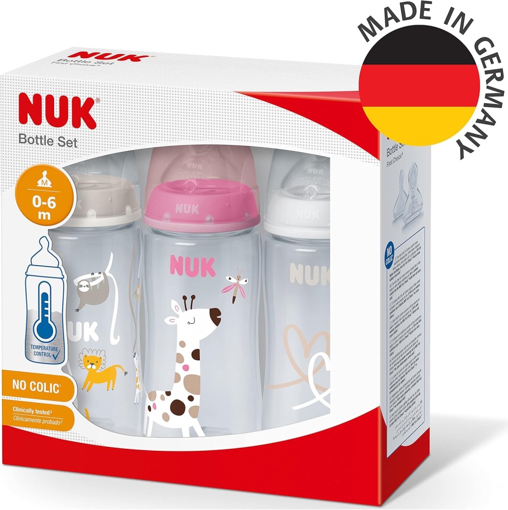 Baby Feeding Bottle NUK&acirc;&macr;First&acirc;&macr;Choice+ 300&acirc;&macr;ml for 0m+ 3Pk Pink Giraffe