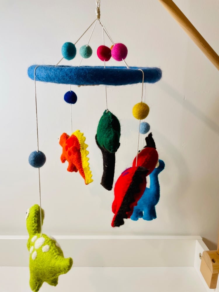 Handmade Wool Felt Dinosaur Mobile - Blue