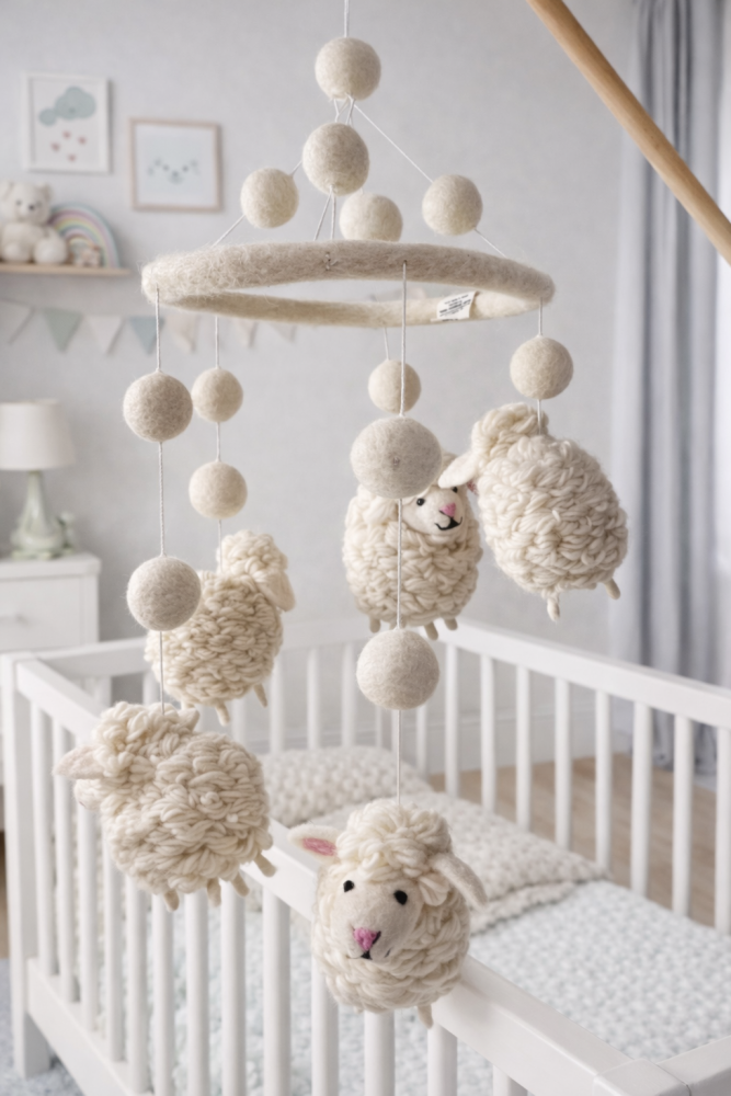 Handmade Wool Felt Furry Sheep Mobile