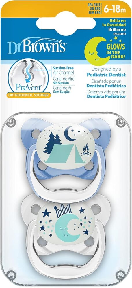 Soother PreVent Glow-in-the-Dark Camp/Moon Blue 6-18 m (2Pk) - Dr. Brown&rsquo;s