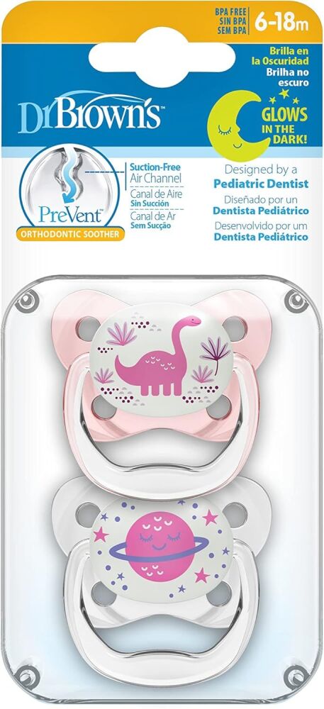 Soother PreVent Glow-in-the-Dark Dino/Planet Girl 6-18m (2Pk) - Dr. Brown&rsquo;s
