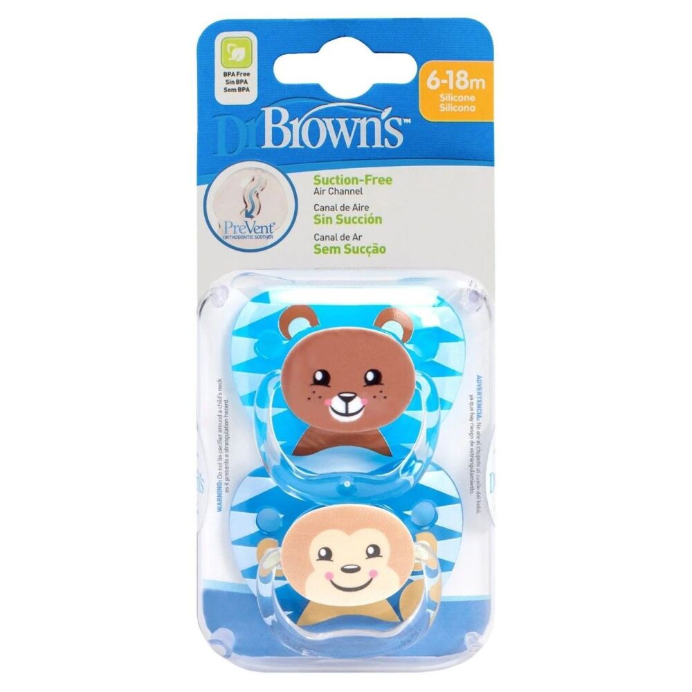 Soother PreVent Bear/Monkey Blue 6-18 m (2Pk) - Dr. Brown&rsquo;s