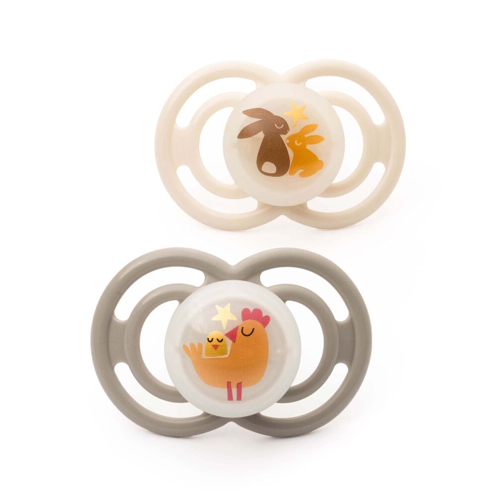 Soother Perfect Night (18-36m 2Pk) Unisex Grey Chicken/Cream Bunny - MAM