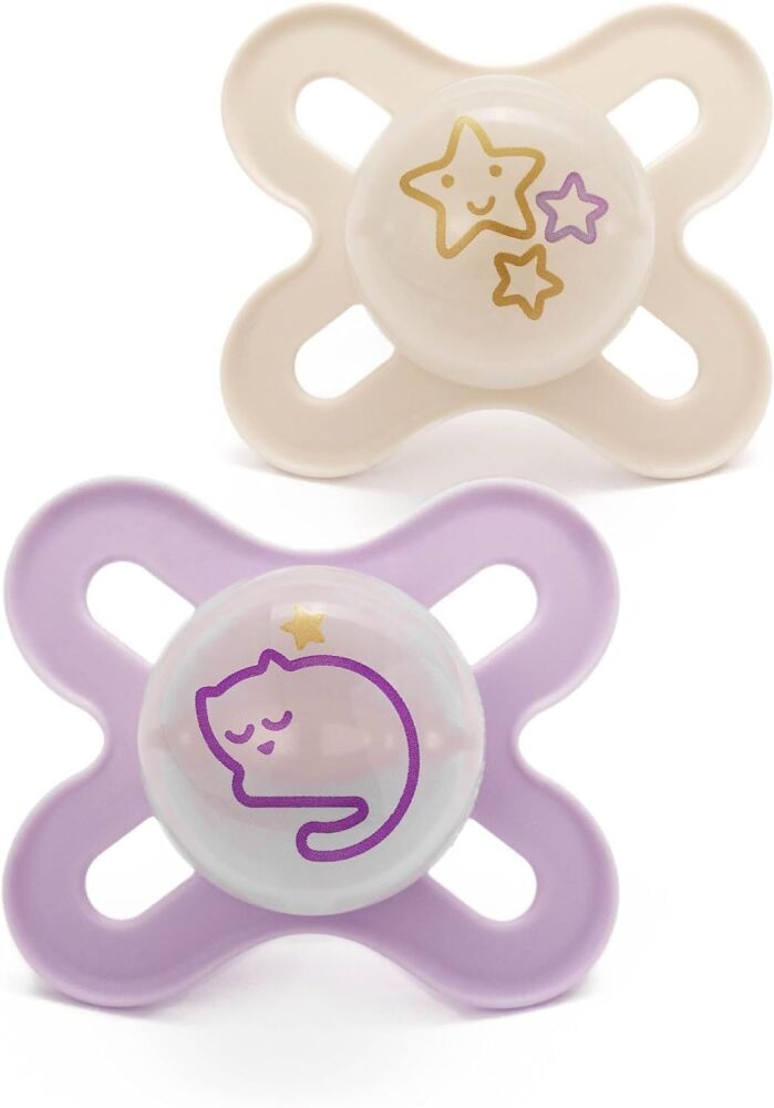Soother Original Start Night (0-2m 2Pk) Lilac Cat/Cream Stars - MAM