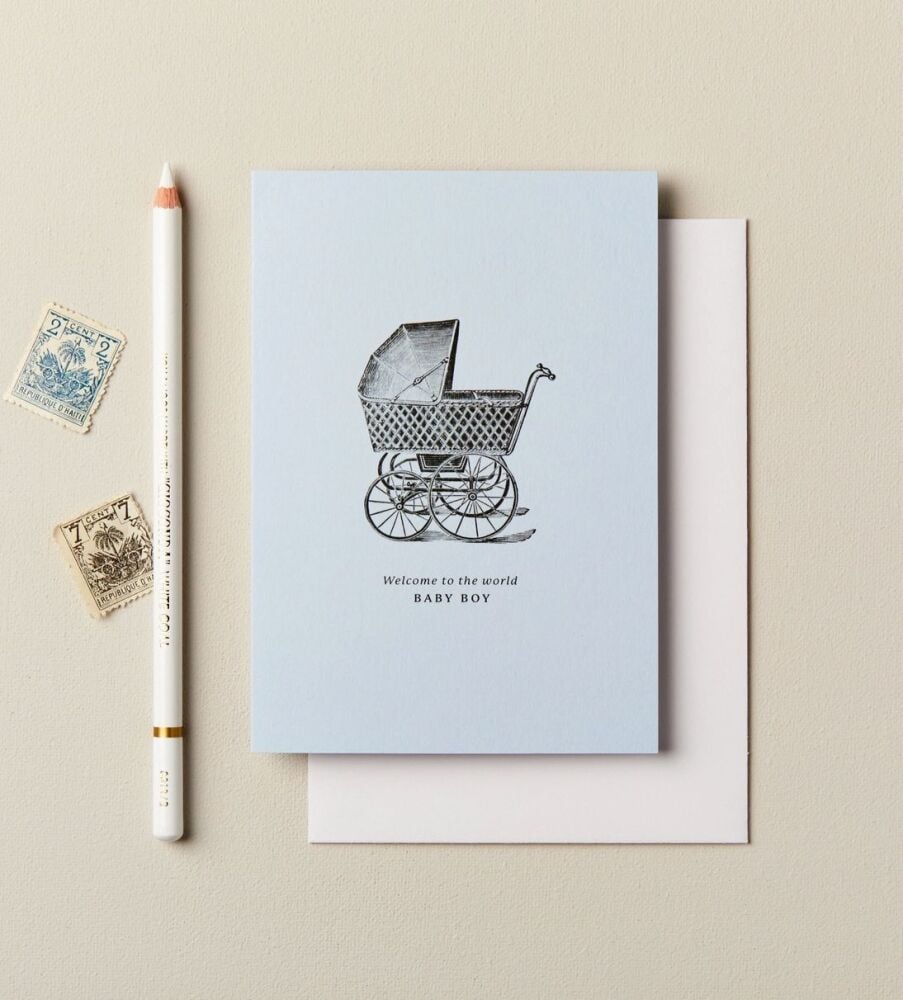 Welcome to the World Baby Boy Pram Greeting Card - Ink & Bloom