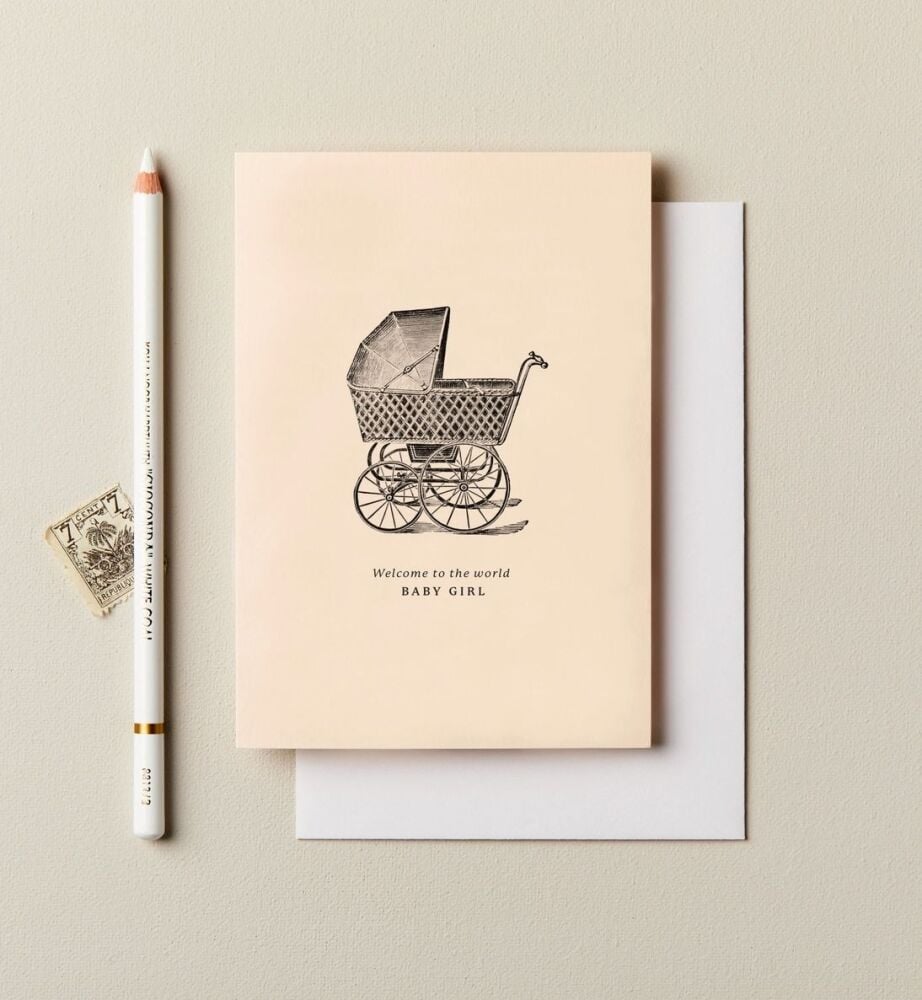 Welcome to the World Baby Girl Pram Greeting Card - Ink & Bloom