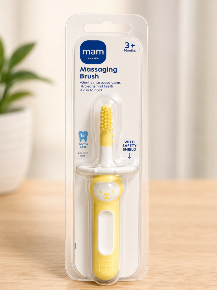 Massaging Brush Oral Care with Safety Shield (3m+) Yellow &ndash;  MAM