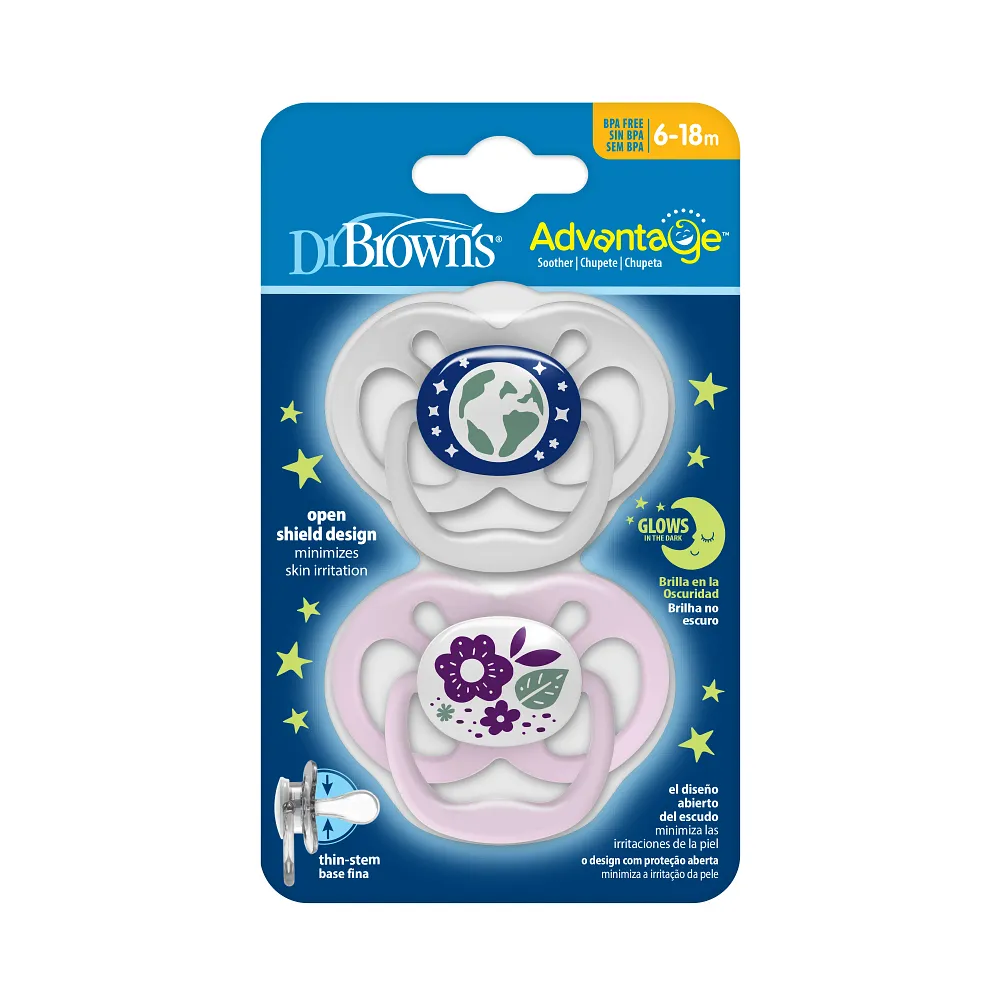 Soother Advantage Glow-in-the-Dark Grey Map/Pink Flowers 6-18m (2Pk) - Dr. Brown&rsquo;s