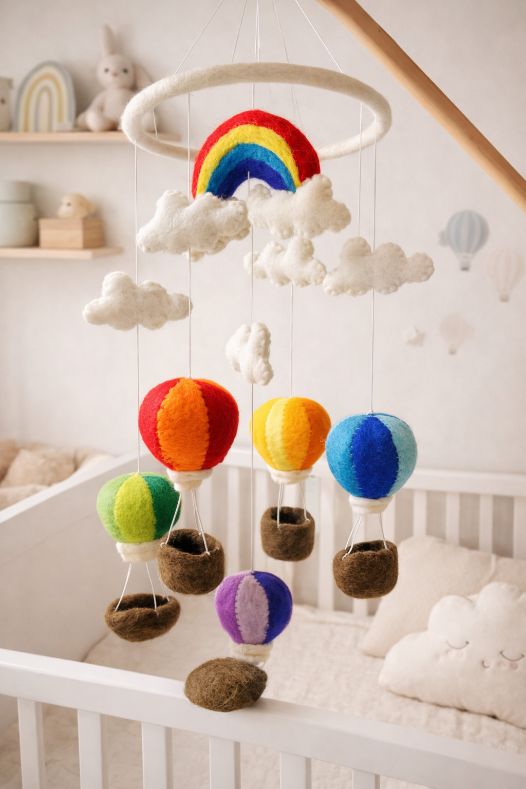 Handmade Wool Felt Rainbow & Hot Air Balloon Mobile