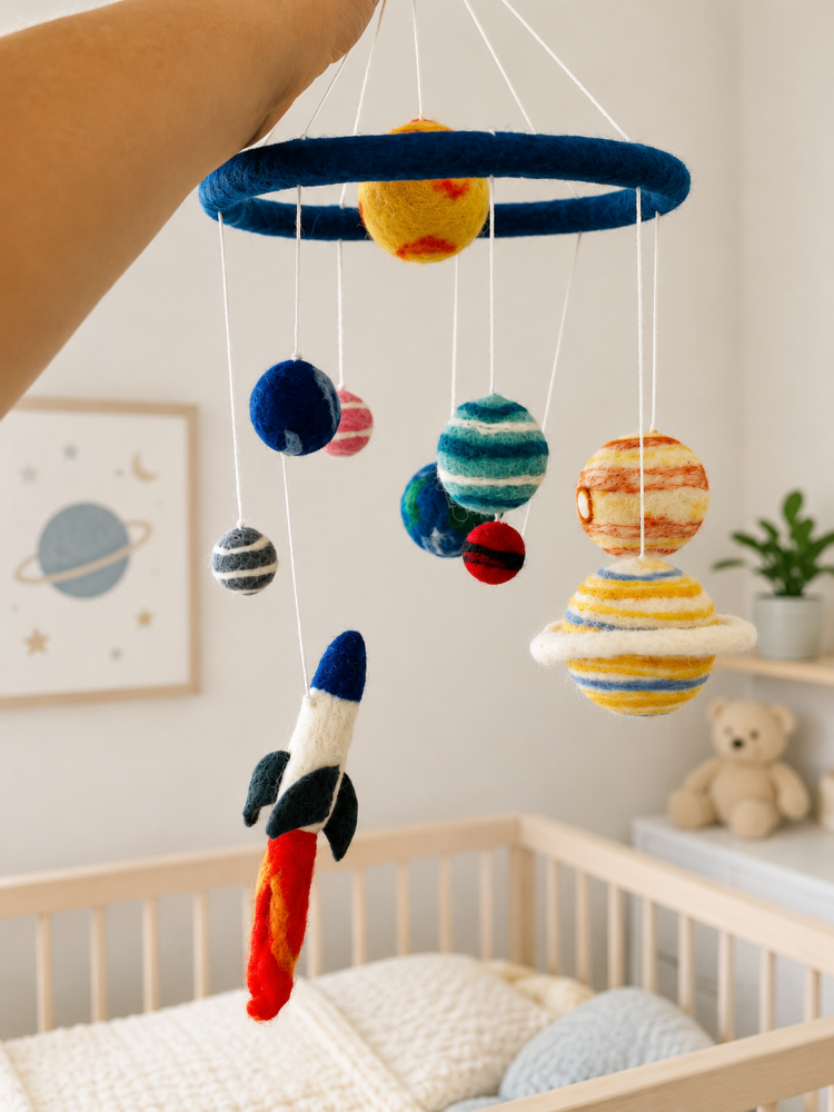 Handmade Wool Felt Solar System with Rocket Mobile