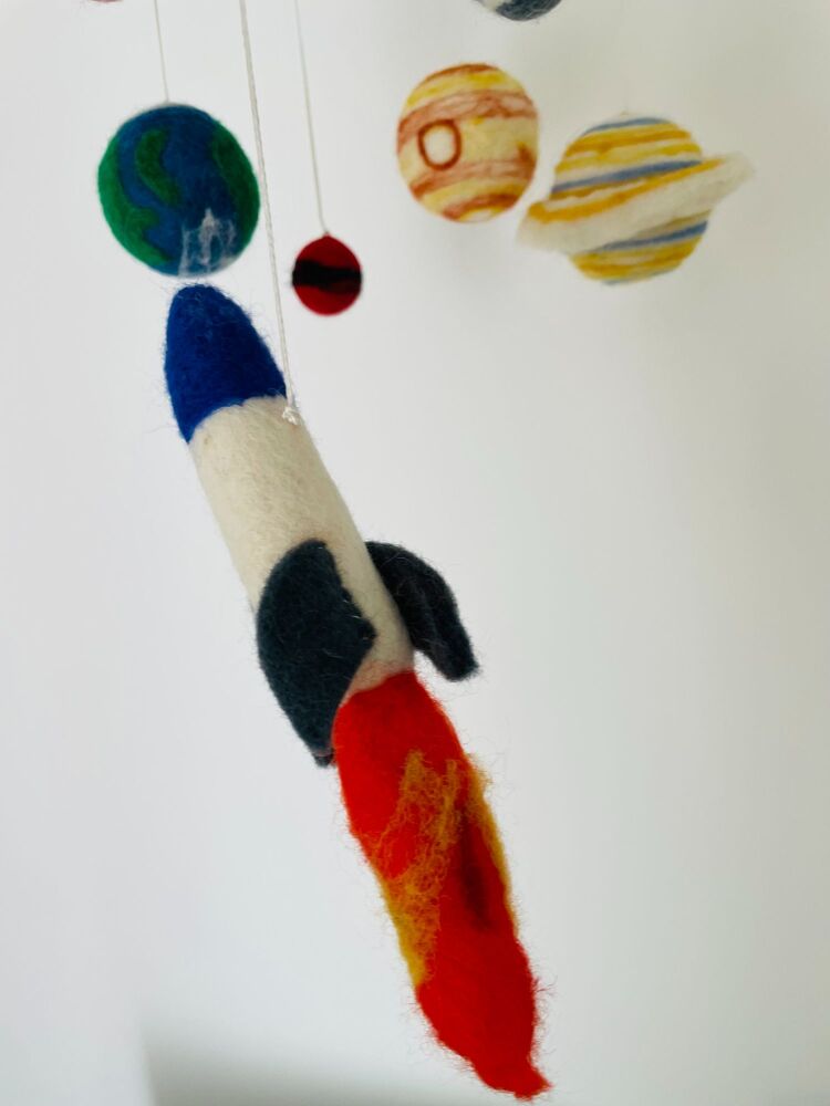 Handmade Wool Felt Solar System with Rocket Mobile