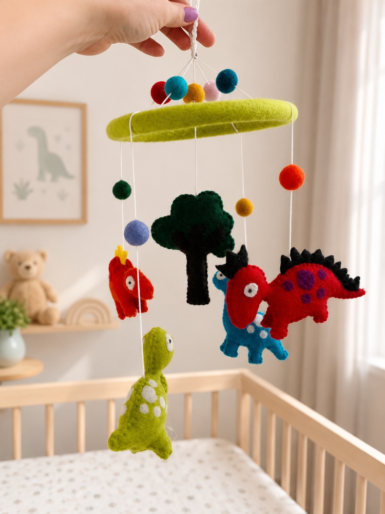 Handmade Wool Felt Dinosaur Mobile - Green