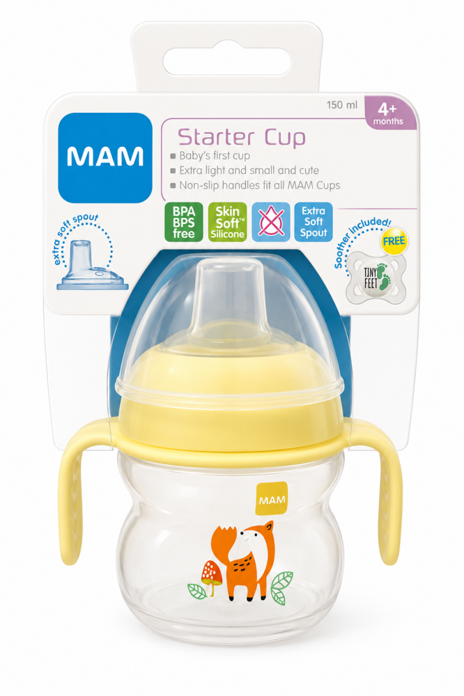 Starter Cup Soft Spout & Soother 4m+ 150&acirc;&macr;ml in Yellow - MAM