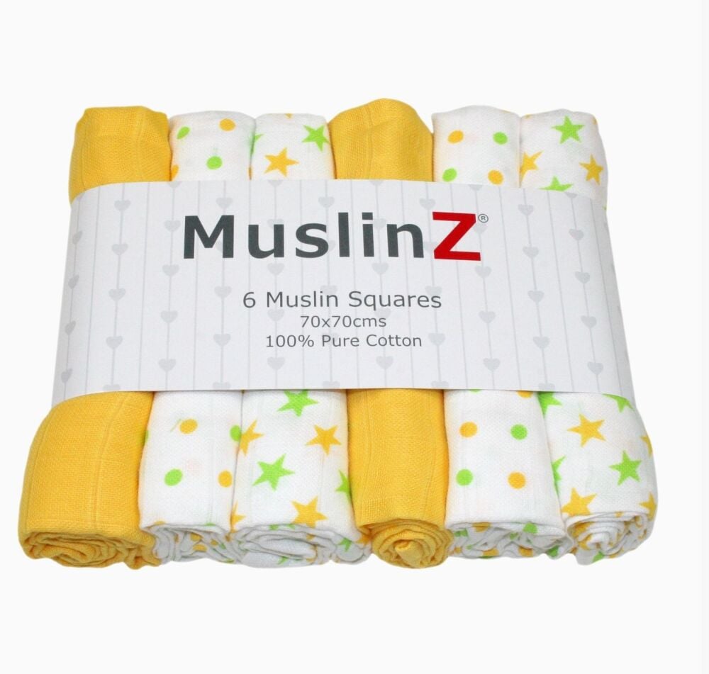 Cotton Muslin Squares Yellow Star Combo 6pcs - Muslinz