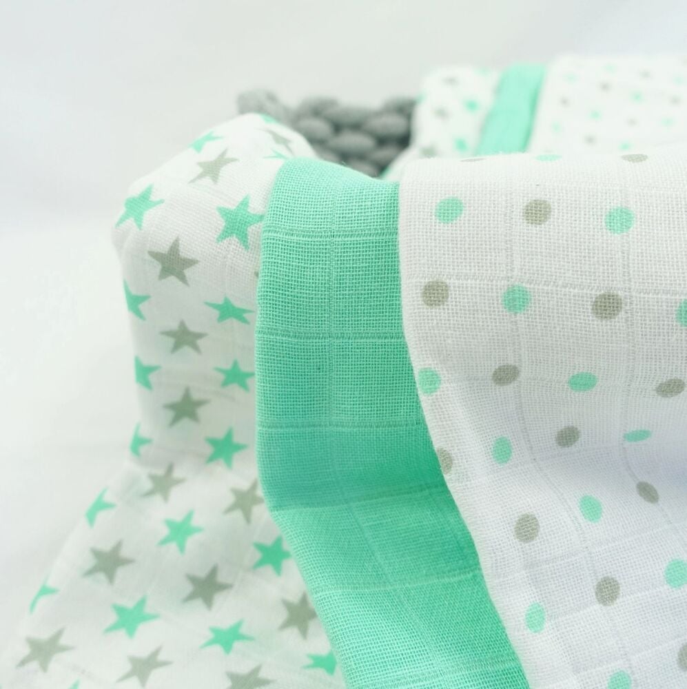 Cotton Muslin Squares Green Star Combo 6pcs - Muslinz
