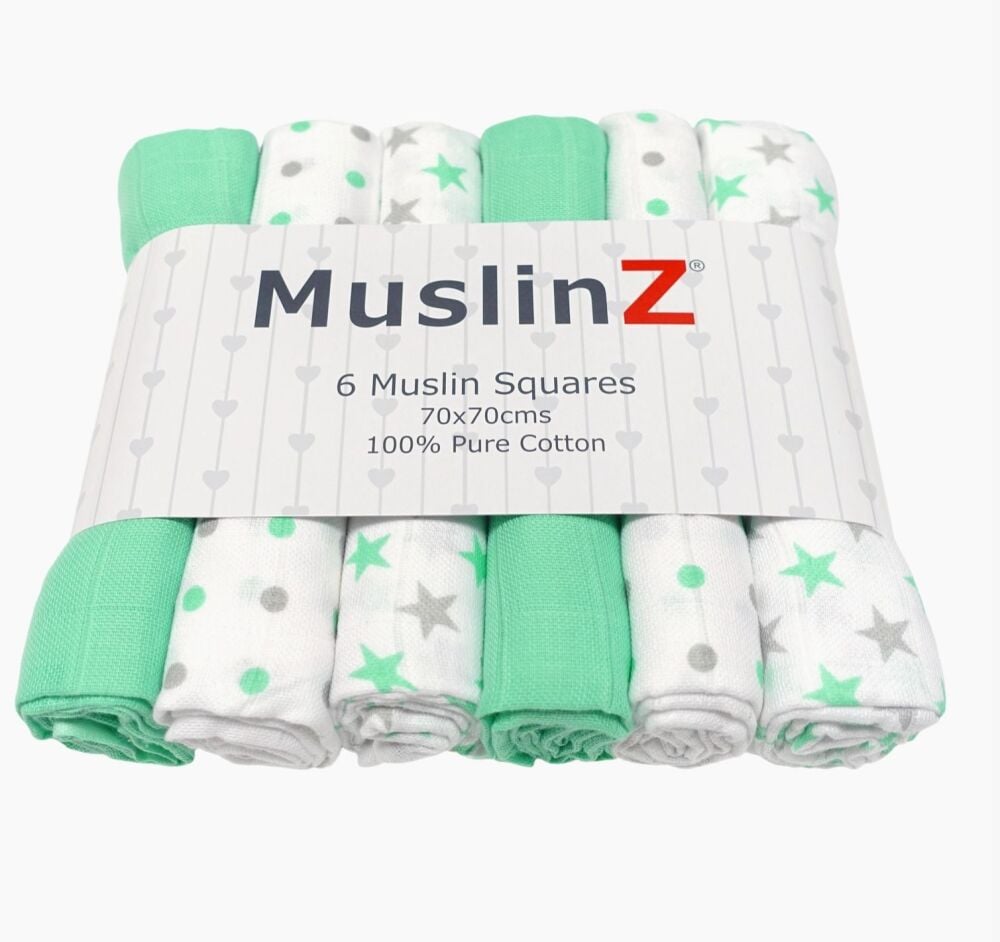 Cotton Muslin Squares Green Star Combo 6pcs - Muslinz