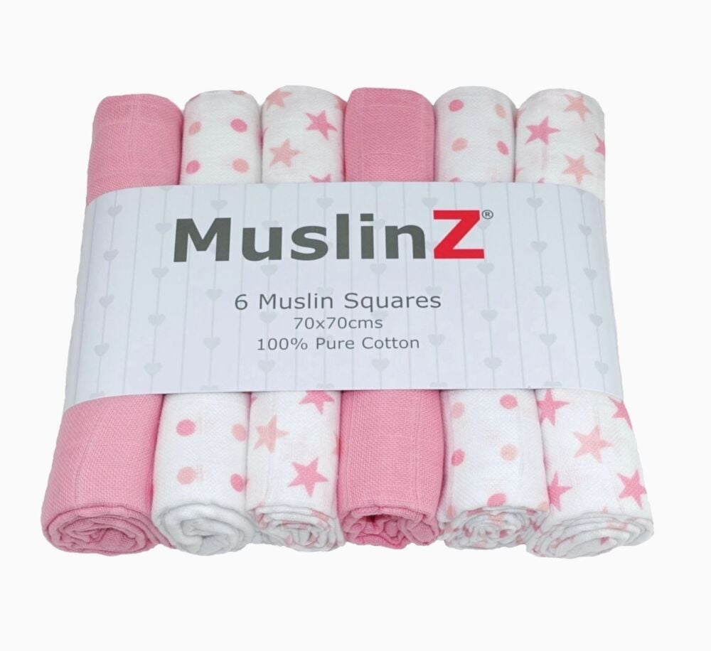 Cotton Muslin Squares Pink Star Combo 6pcs - Muslinz