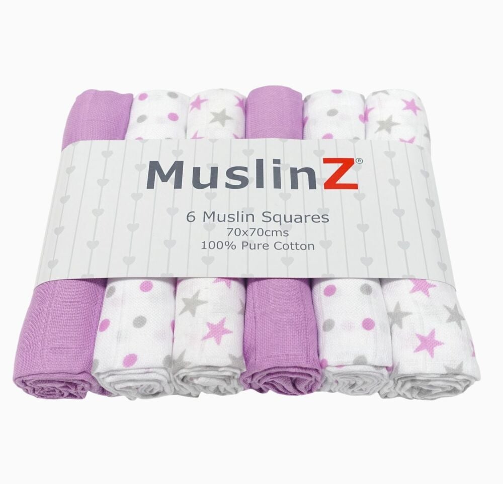 Cotton Muslin Squares Violet Star Combo 6pcs - Muslinz