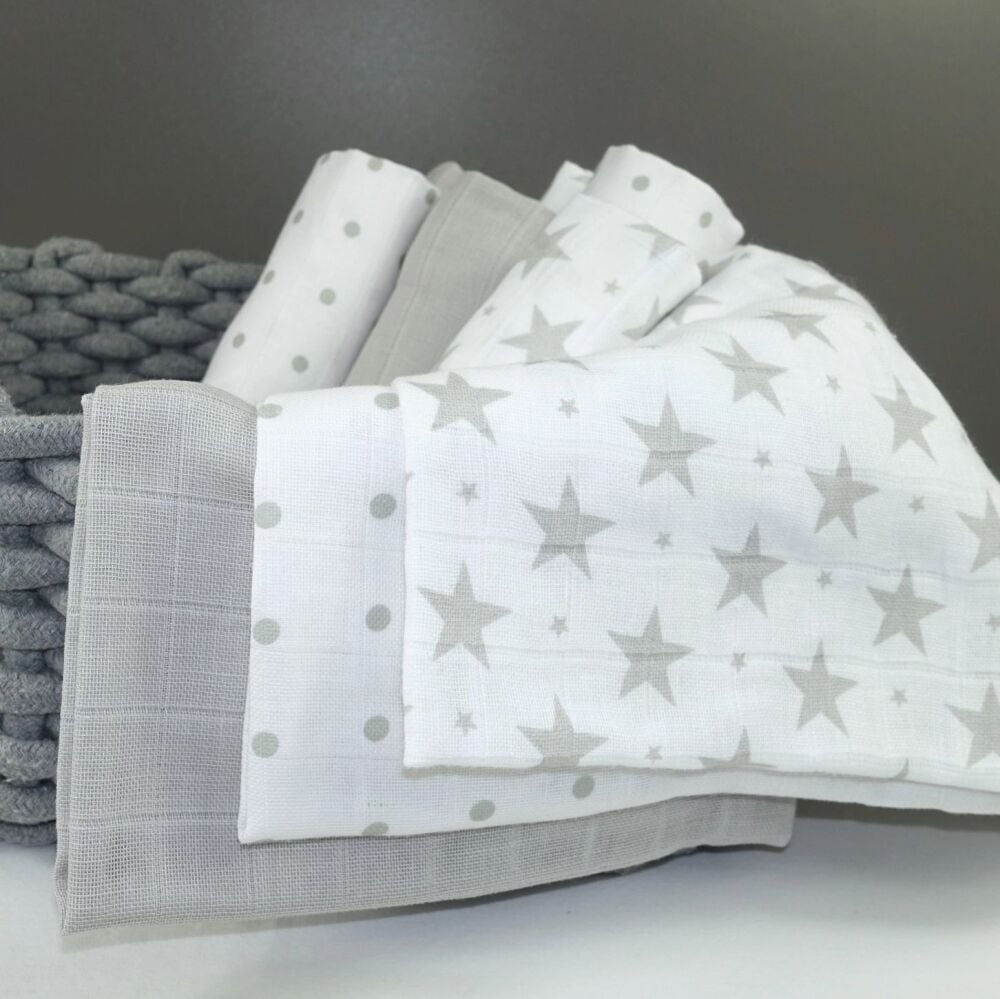 Cotton Muslin Squares Grey Star Combo 6pcs - Muslinz