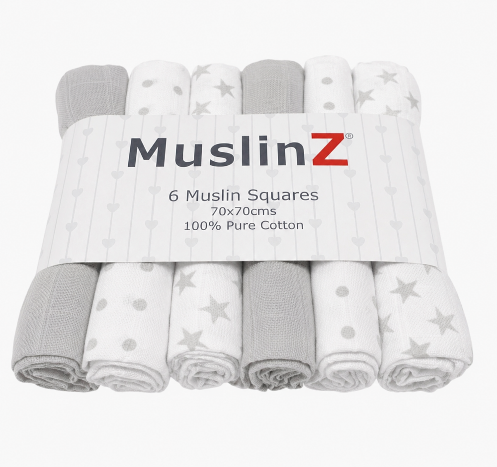 Cotton Muslin Squares Grey Star Combo 6pcs - Muslinz