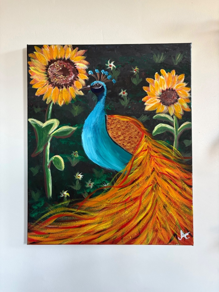 &lsquo;Sunflower peacock&rsquo; original by Amy Cadwallader 22 x 18 inch canvas