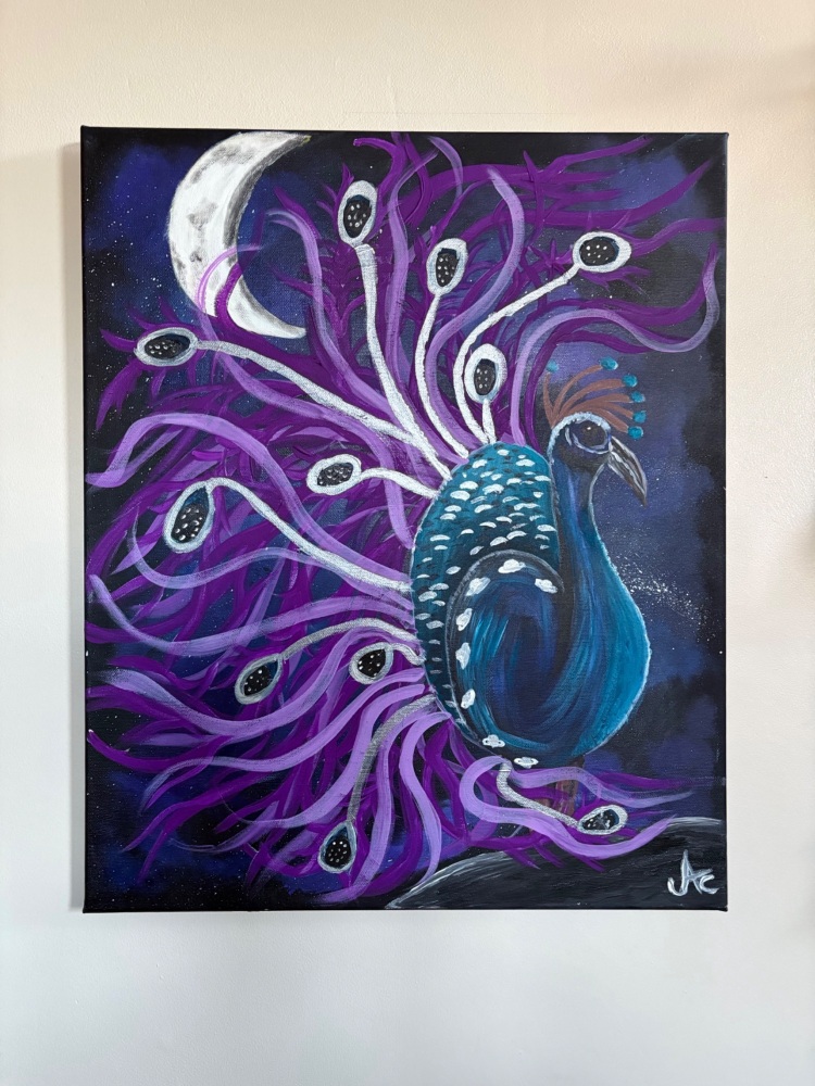 &lsquo;Celestial peacock&rsquo; original by Amy Cadwallader 22 x 18 inch canvas