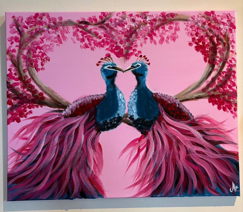 &lsquo;Valentines peacocks&rsquo; original by Amy Cadwallader  -22 x 18 inch canvas