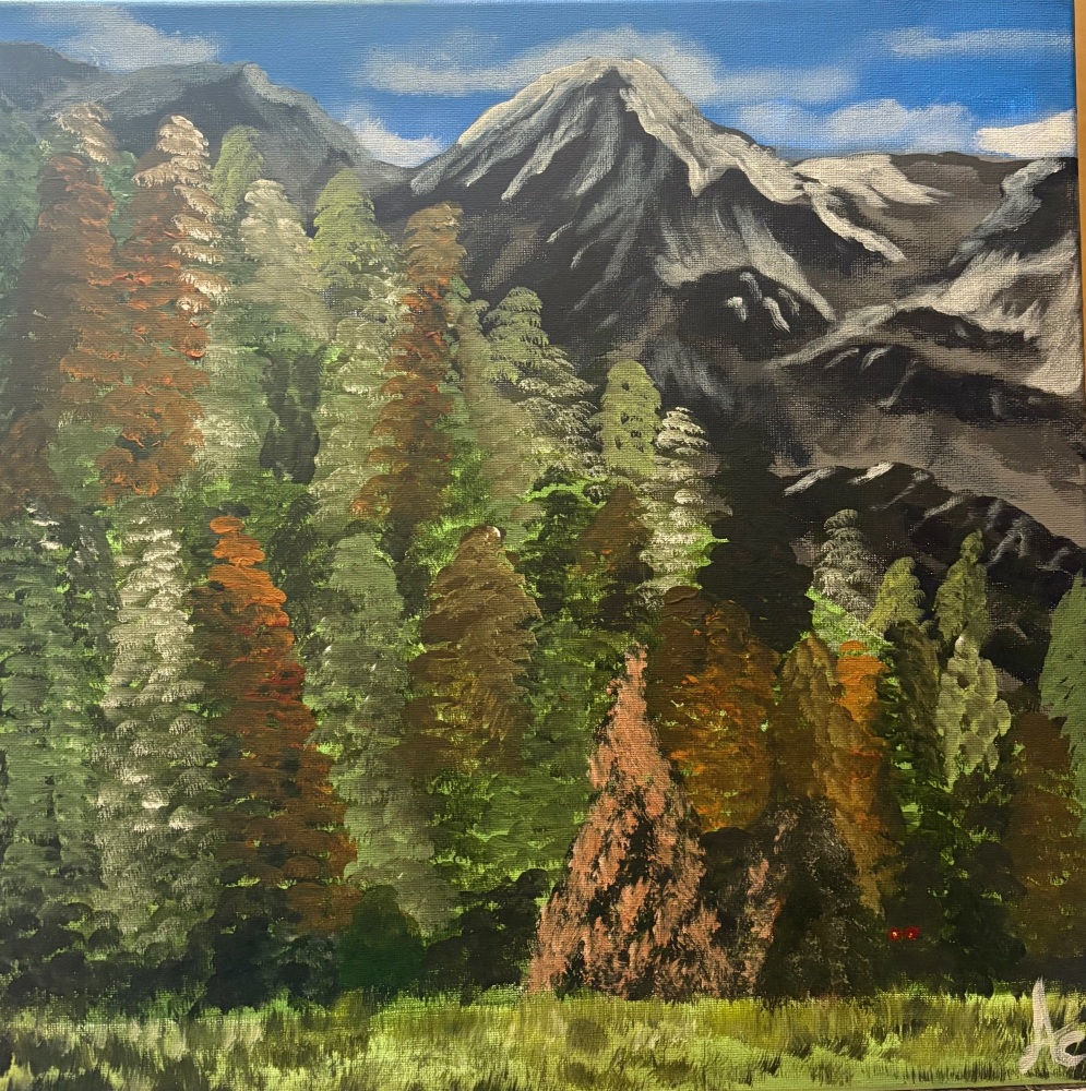 Mountain forest original by Amy Cadwallader, 16 x 16 inch canvas