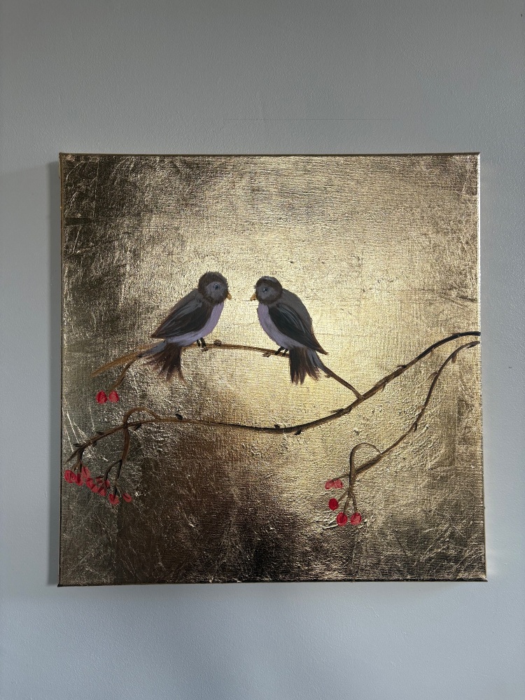 Duo birds on gold leaf 16 x 16 inches
