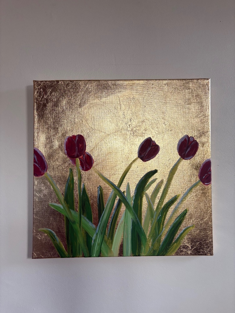 Gold leaf tulip acrylic paining, 16 x 16 inch