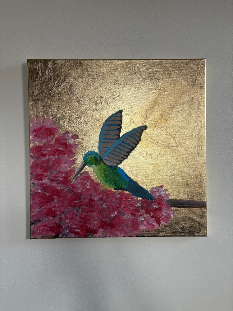 Hummingbird painting on gold leaf 16 x 16 canvas