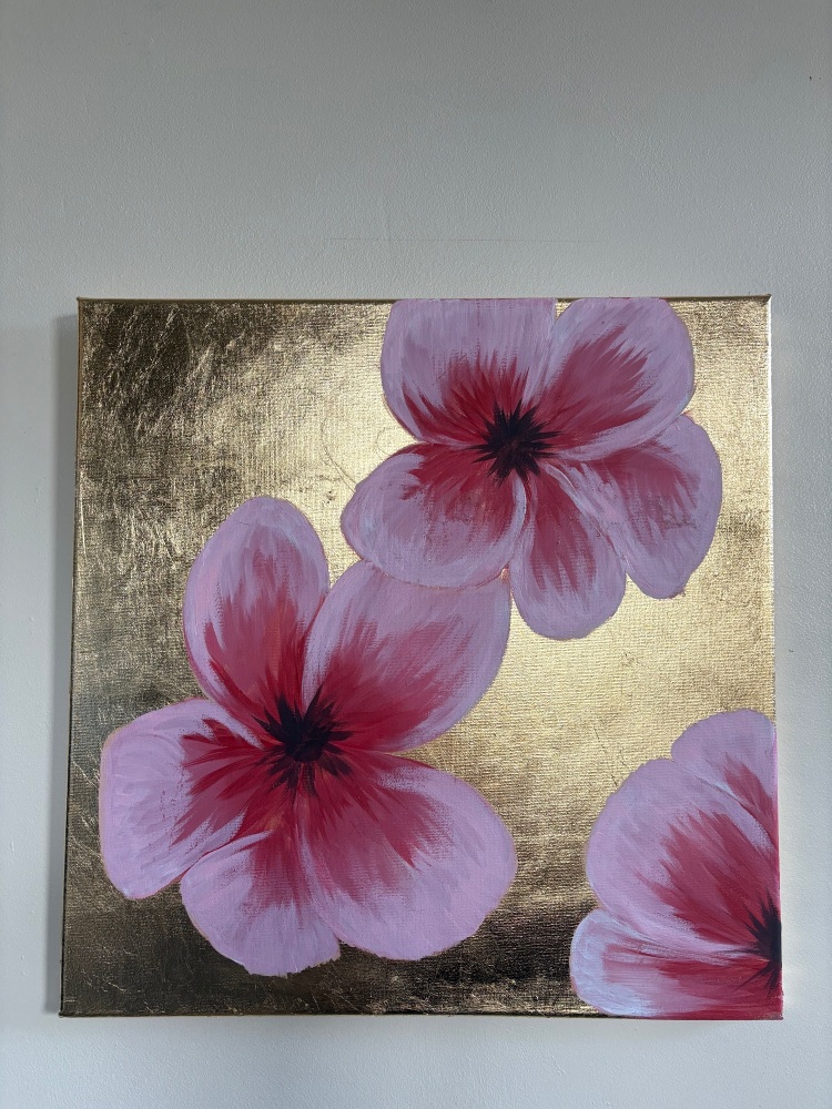 Pink floral gold leaf painting 16 x 16 inch