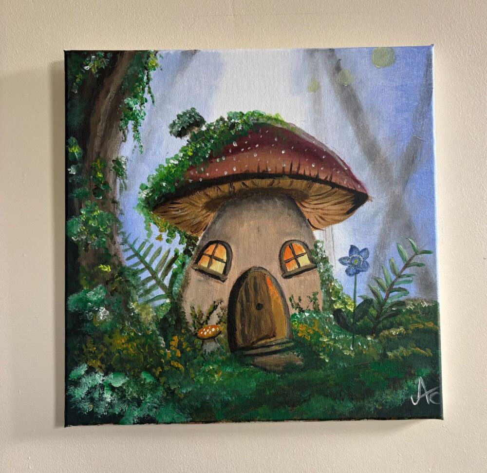 'Mushroom cottage' acrylic painting - 13.5 inch x 13.5.inch