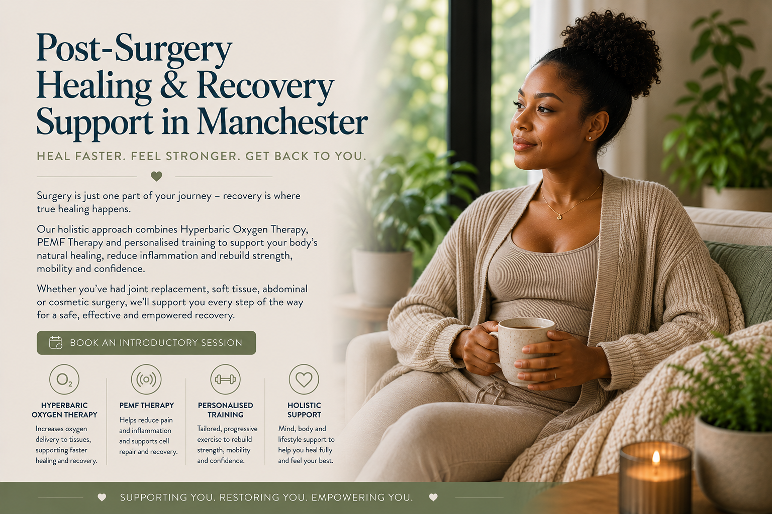 Post-operative recovery and wellbeing support at Hyperbaric House in Sale, Trafford, Manchester.