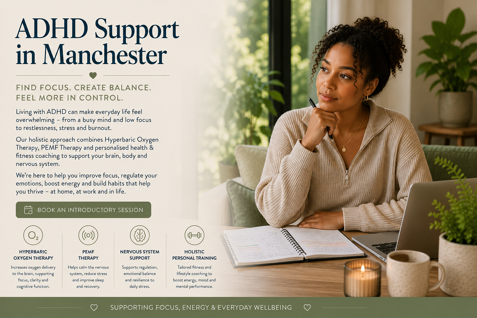 ADHD and autism wellbeing support in Manchester through Hyperbaric Oxygen Therapy, Red Light Therapy, PEMF Therapy and holistic personal training.
