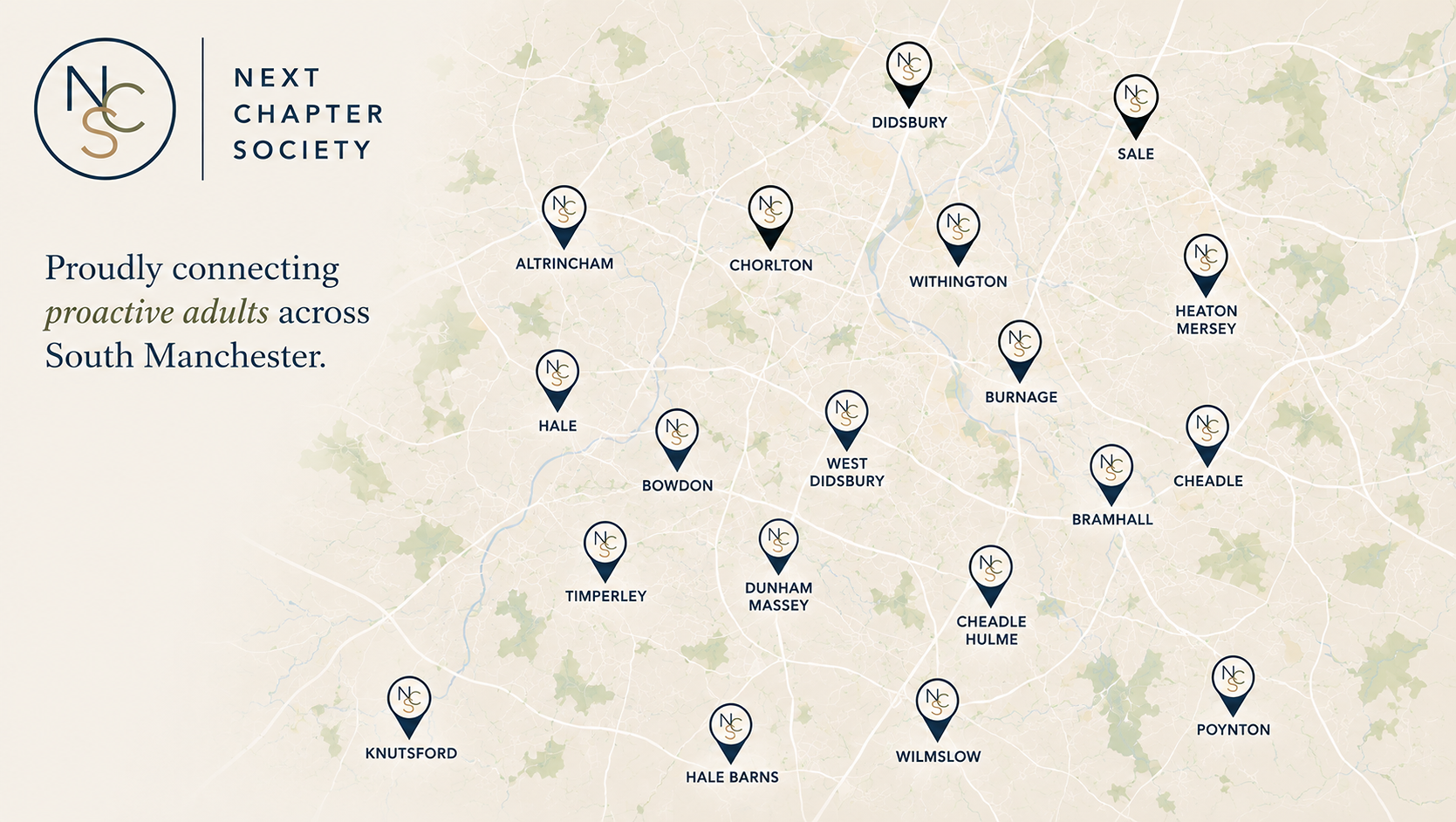 Map showing the South Manchester areas served by Next Chapter Society including Hale, Altrincham, Bowdon, Sale, Wilmslow and Knutsford.