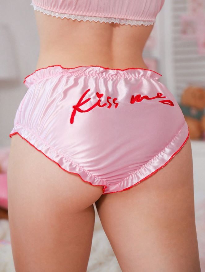 Silky feel KISS ME panties satin knickers PINK bow lettuce trim size 16/18 X-LARGE