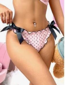 Sexy semi sheer panties pink polka dot knickers satin bows lettuce trim UK 8 / Small,