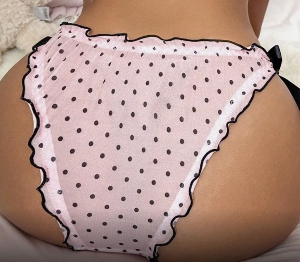 Sexy semi sheer panties pink polka dot knickers satin bows lettuce trim UK 8 / Small,