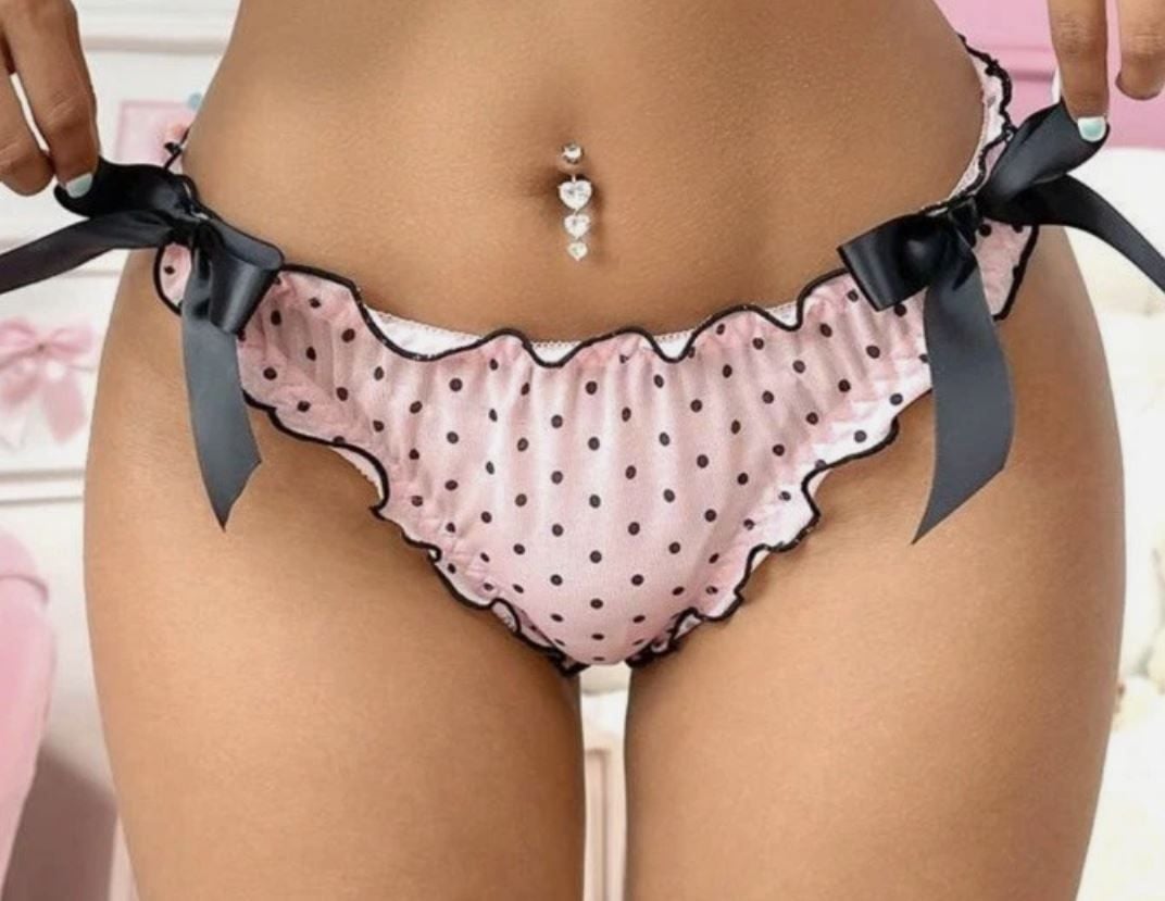 Sexy semi sheer panties pink polka dot knickers satin bows lettuce trim UK 16/18 X-LARGE