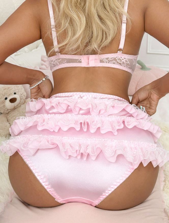 Women silky feel knickers satin pink panties lace ruffles bow sissy size 10 MEDIUM