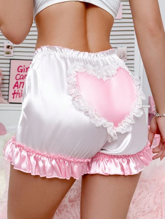Women silky feel satin panties PJ shorts heart ruffles sissy CD TV size 12/14 L