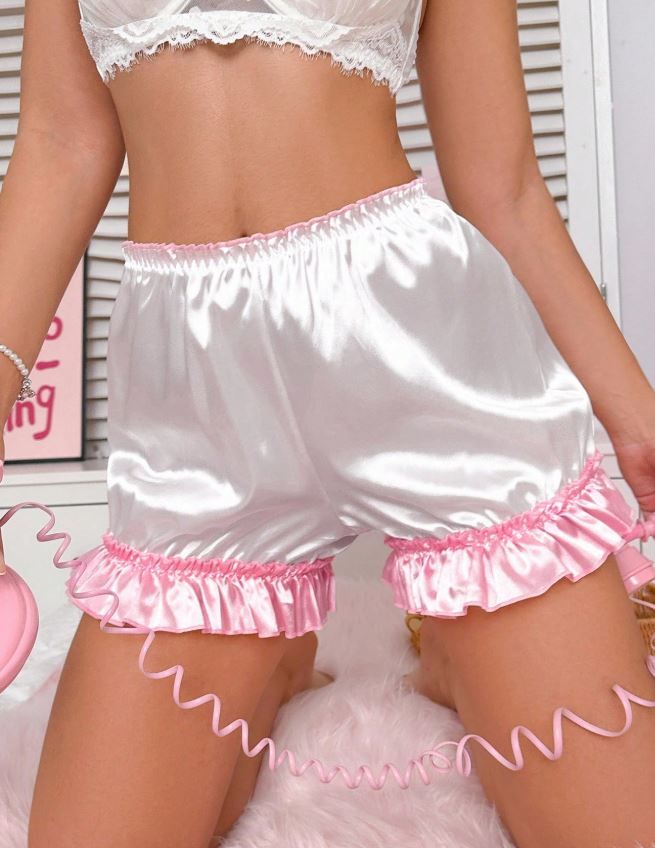 Women silky feel satin panties PJ shorts heart ruffles sissy CD TV size 12/14 L