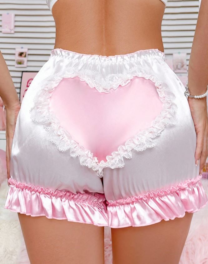 Women silky feel satin panties PJ shorts heart ruffles sissy CD TV size MEDIUM 10