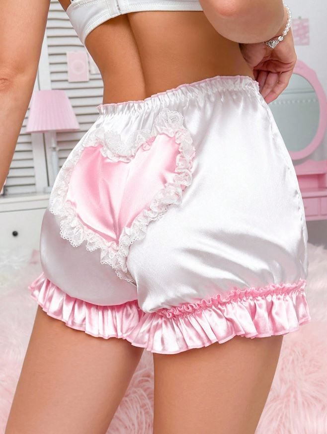 Women silky feel satin panties PJ shorts heart ruffles sissy CD TV size MEDIUM 10