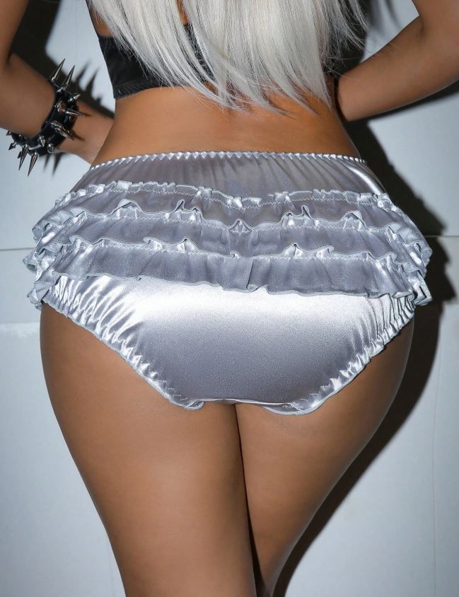 Women silver glossy silky feel satin knickers frilly panties sissy size 8 SMALL