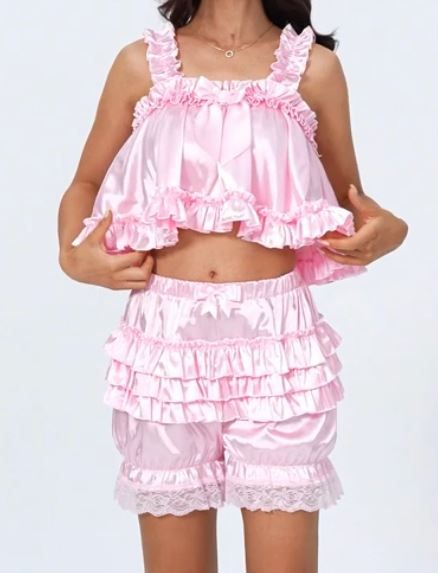 Silky satin bloomers luxury PINK shorts pants ruffled with touch of lace sissy size S / UK 8