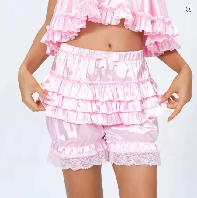 Silky satin bloomers luxury PINK shorts pants ruffled with touch of lace sissy size M / UK 10