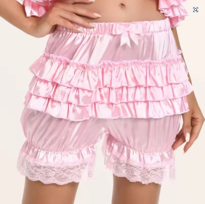 Silky satin bloomers luxury PINK shorts pants ruffled with touch of lace sissy size M / UK 10